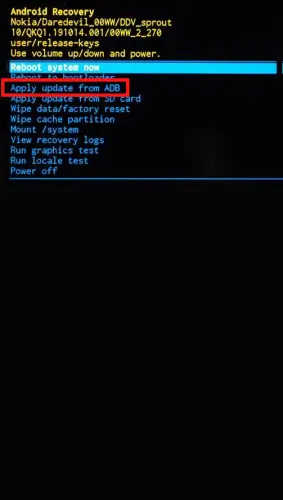 Выбор пункта меню Apply update from ADB
