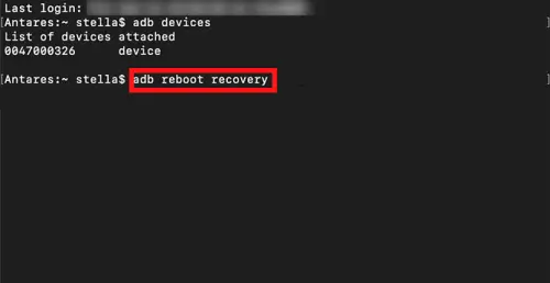 Ввод команды adb reboot recovery