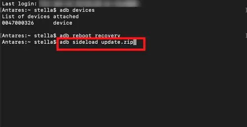 Ввод команды adb sideload update.zip